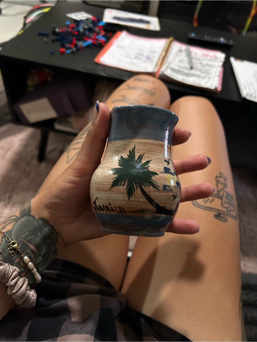Hand-Painted Blue and Tan Palm Tree Ceramic Vase